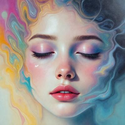 The primary subject of the image is a woman with her eyes closed, possibly sleeping or resting. She is surrounded by a colorful and swirling background, which adds a vibrant and lively atmosphere to the scene. The visual style of the image is a combination of photo and digital art, creating a unique and artistic representation of the woman. The colors and mood of the image are predominantly warm and inviting, with the woman's eyes being the focal point of the composition.
